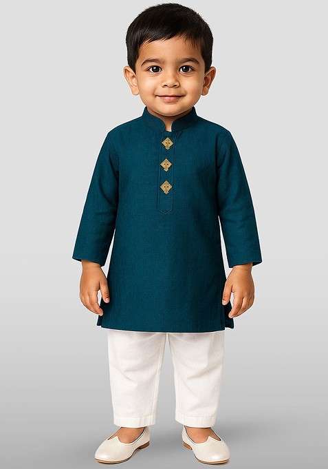 Blue Self Design Cotton Kurta Set For Boys