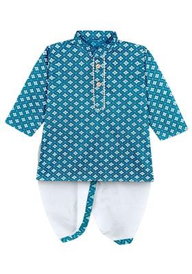 Blue Printed Blended Kurta Dhoti Set For Boys