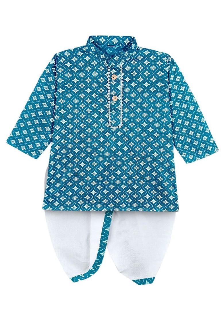 Blue Printed Blended Kurta Dhoti Set For Boys - Indya