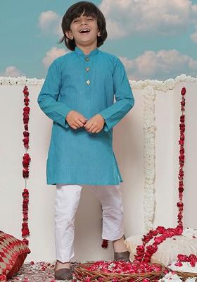 Blue Embroidered Cotton Kurta Set For Boys
