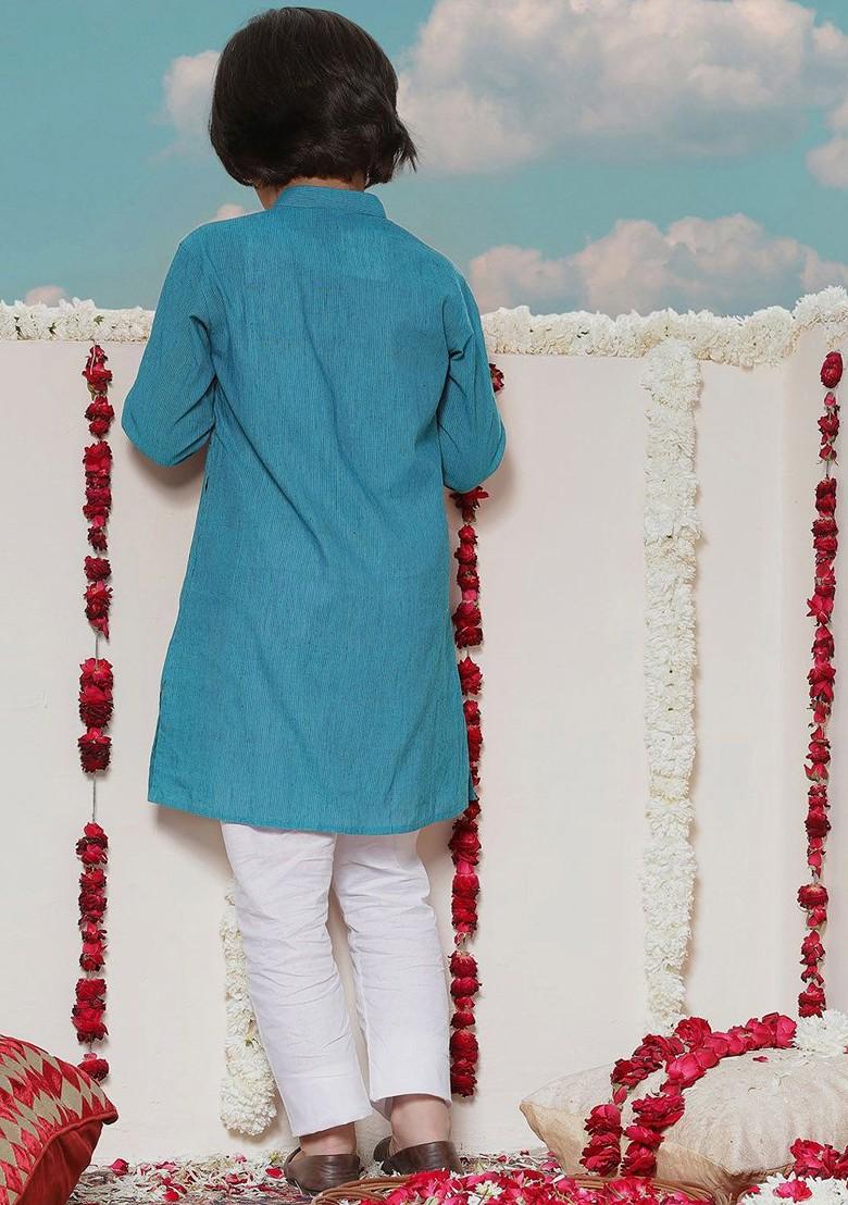 Blue Embroidered Cotton Kurta Set For Boys - Indya
