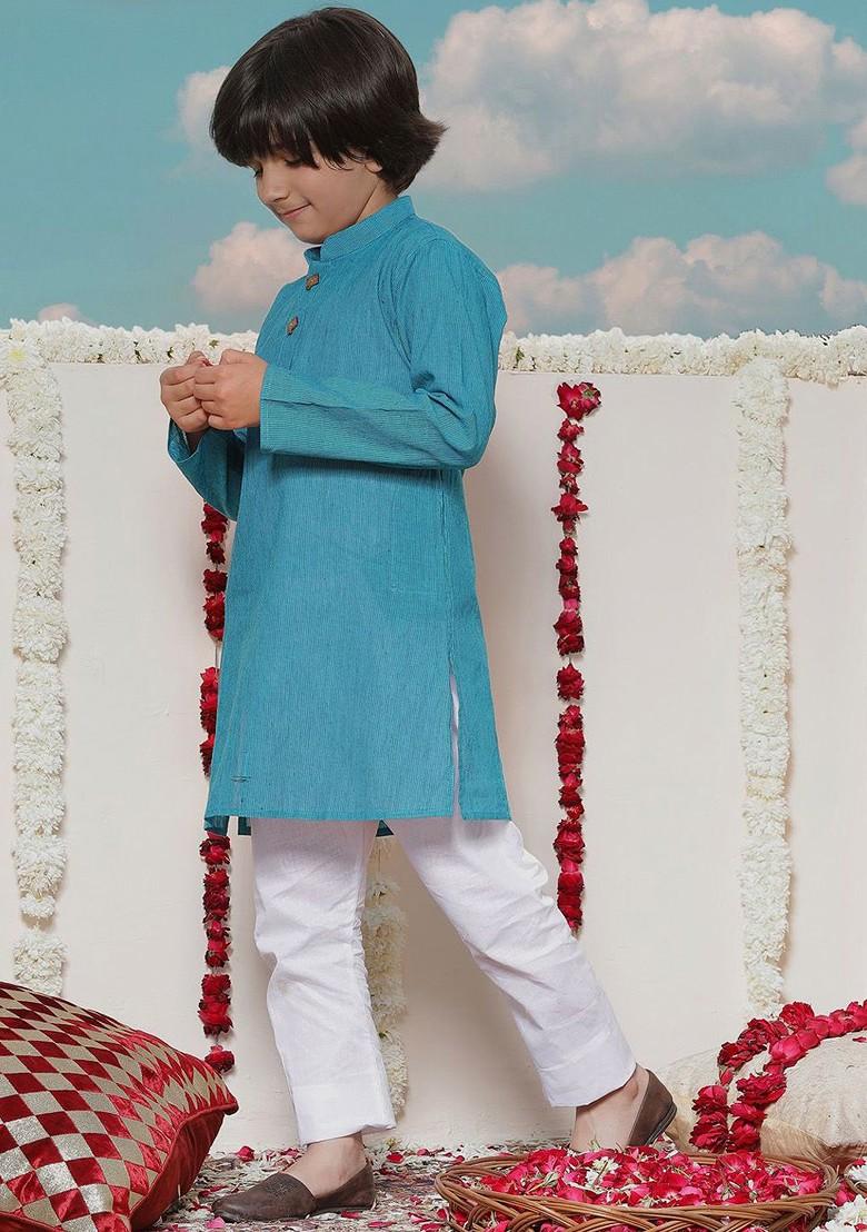Blue Embroidered Cotton Kurta Set For Boys - Indya