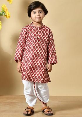Maroon Printed Cotton Kurta Dhoti Set For Boys