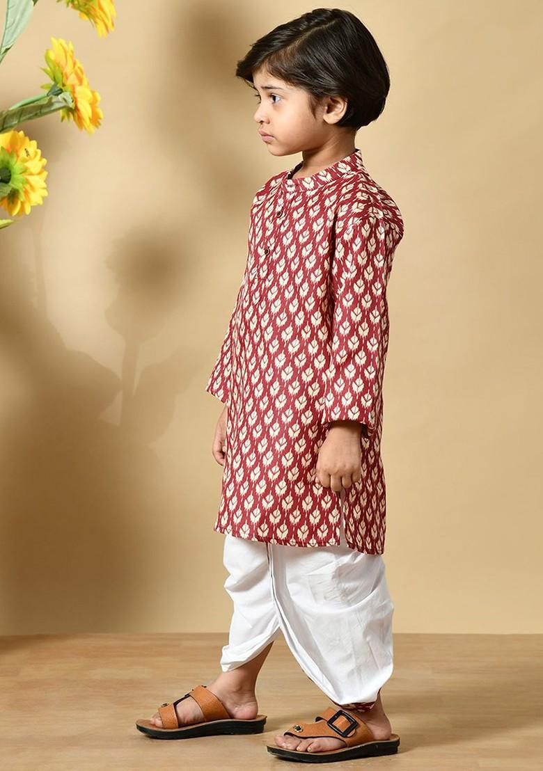 Maroon Printed Cotton Kurta Dhoti Set For Boys - Indya