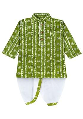 Green Printed Blended Kurta Dhoti Set For Boys