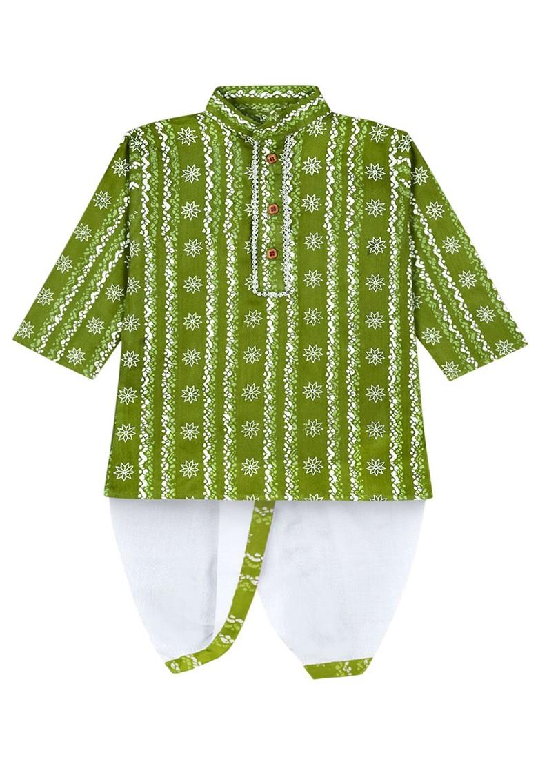 Green Printed Blended Kurta Dhoti Set For Boys - Indya