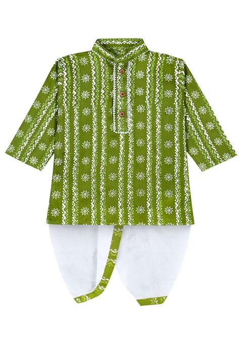 Green Printed Blended Kurta Dhoti Set For Boys — view on Indya