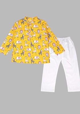 Yellow Printed Blended Kurta Set For Boys