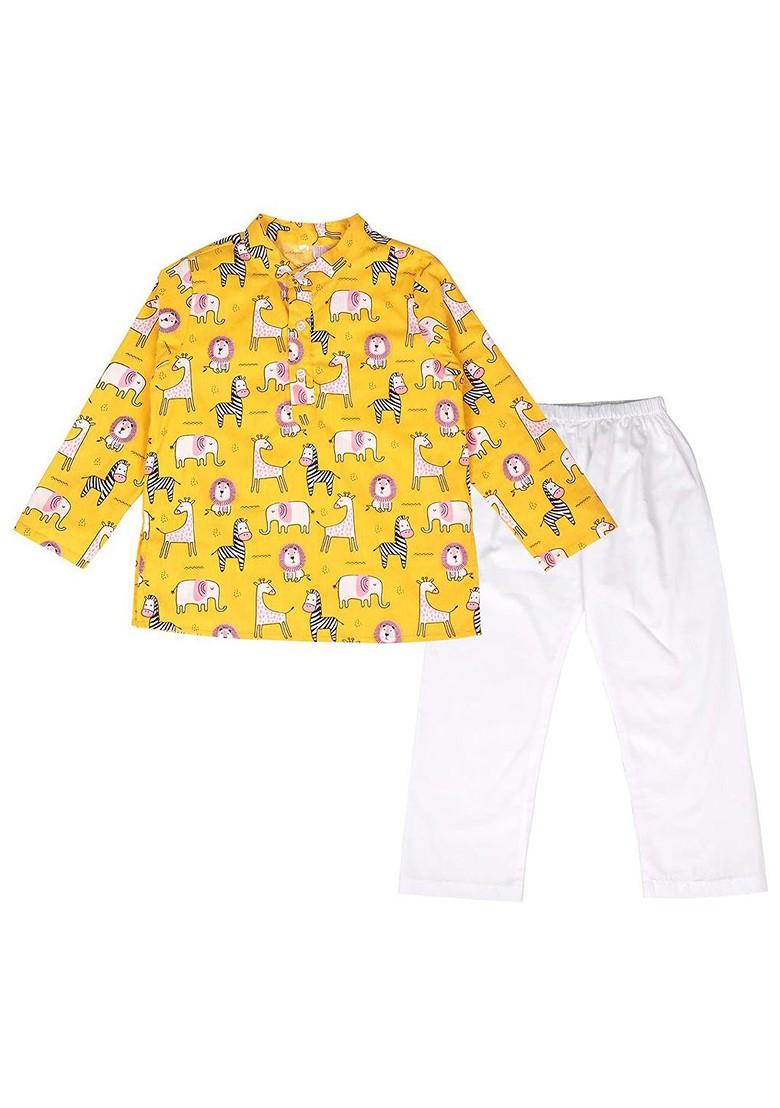 Yellow Printed Blended Kurta Set For Boys - Indya