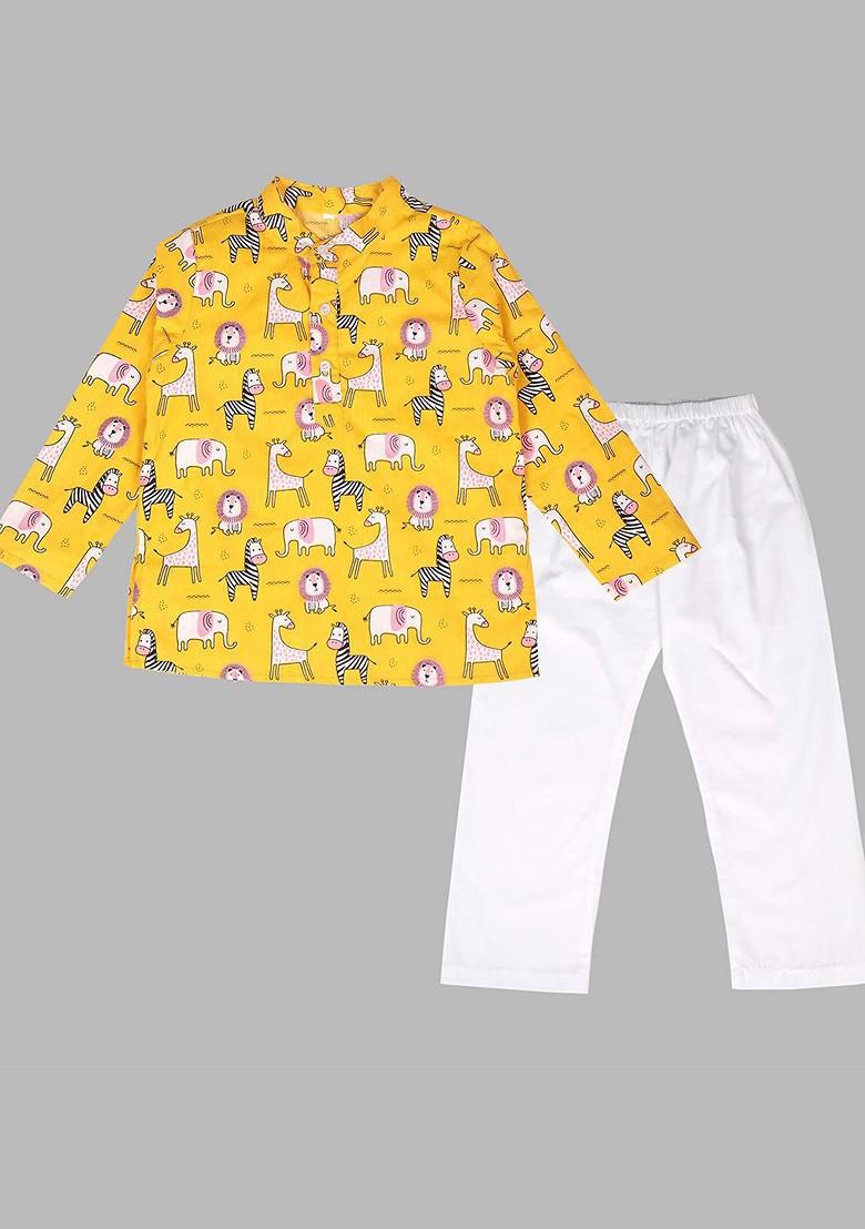 Yellow Printed Blended Kurta Set For Boys - Indya