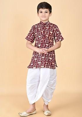 Maroon Embroidered Cotton Kurta Set For Boys