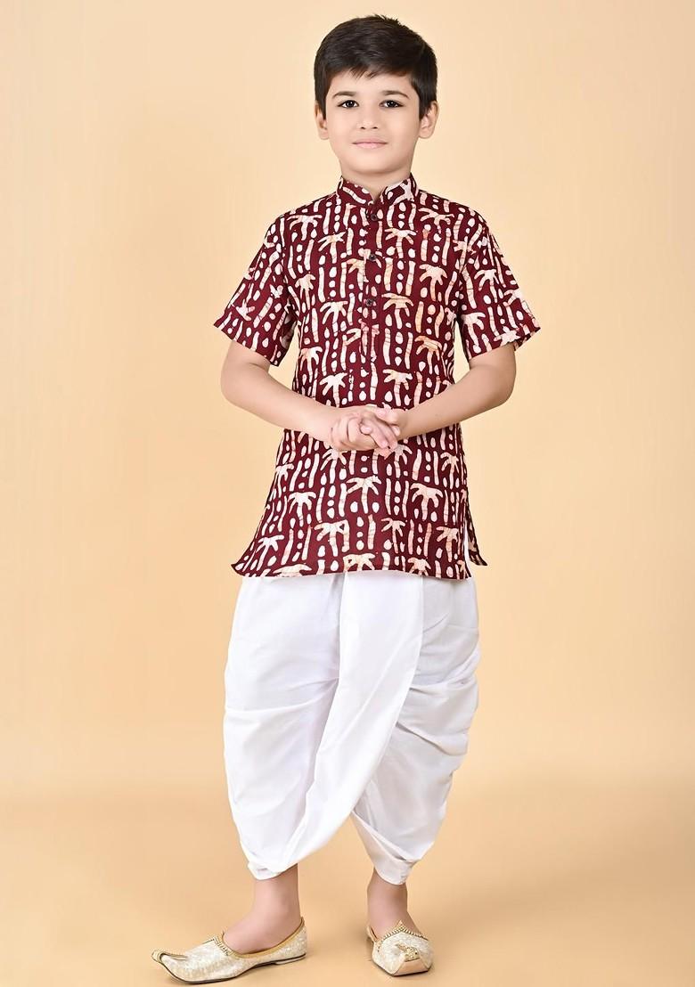 Maroon Embroidered Cotton Kurta Set For Boys - Indya