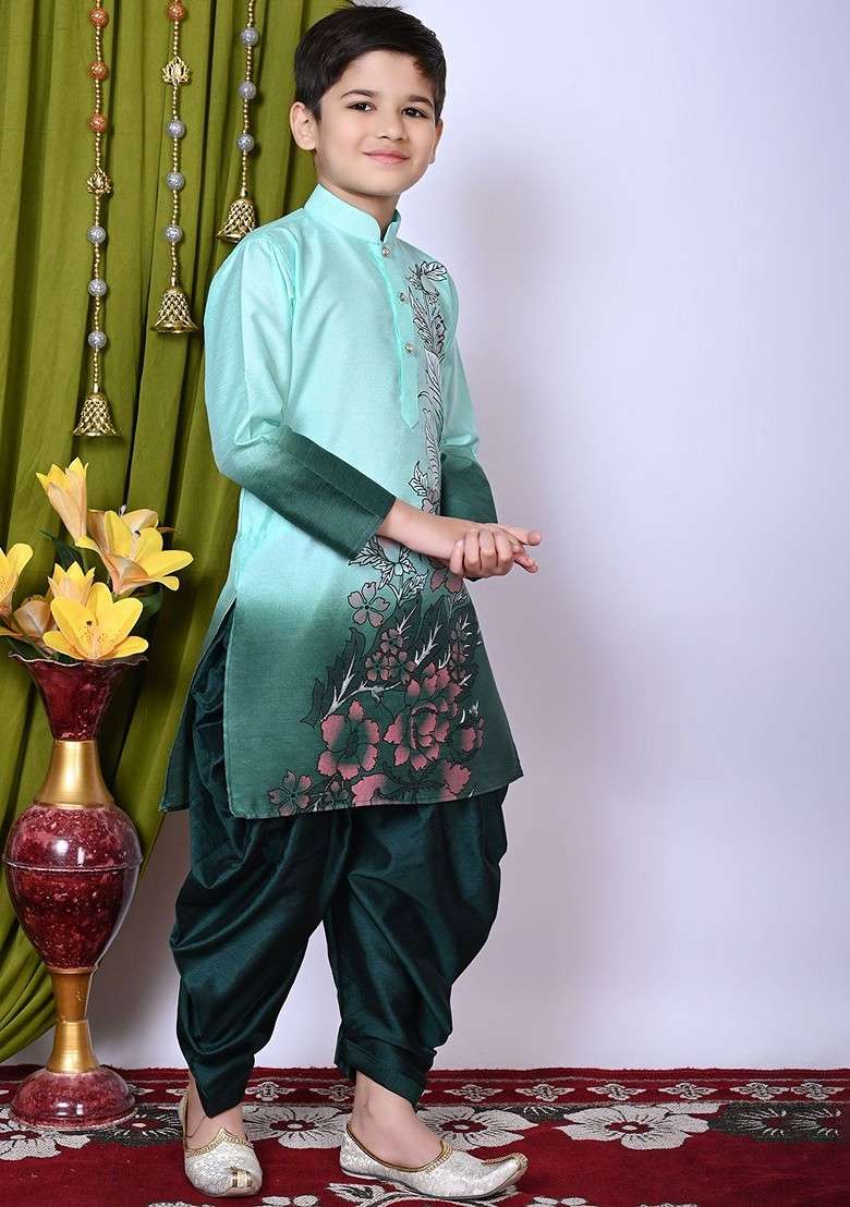 Sea Green Printed Silk Kurta Set For Boys - Indya