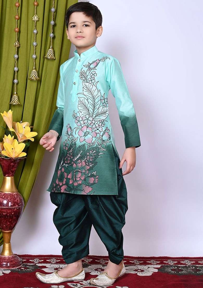 Sea Green Printed Silk Kurta Set For Boys - Indya