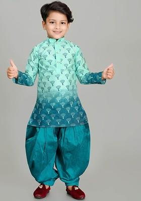 Sea Green Printed Silk Kurta Set For Boys