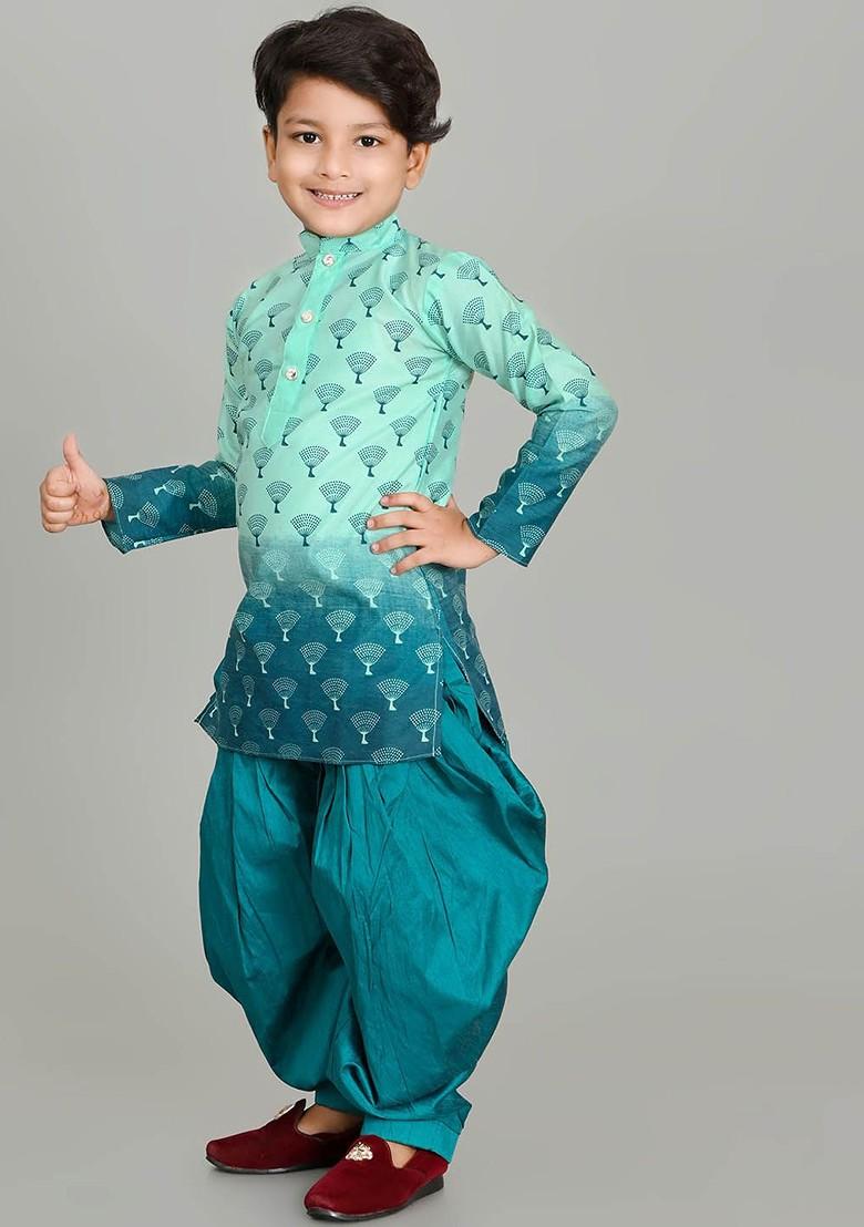 Sea Green Printed Silk Kurta Set For Boys - Indya