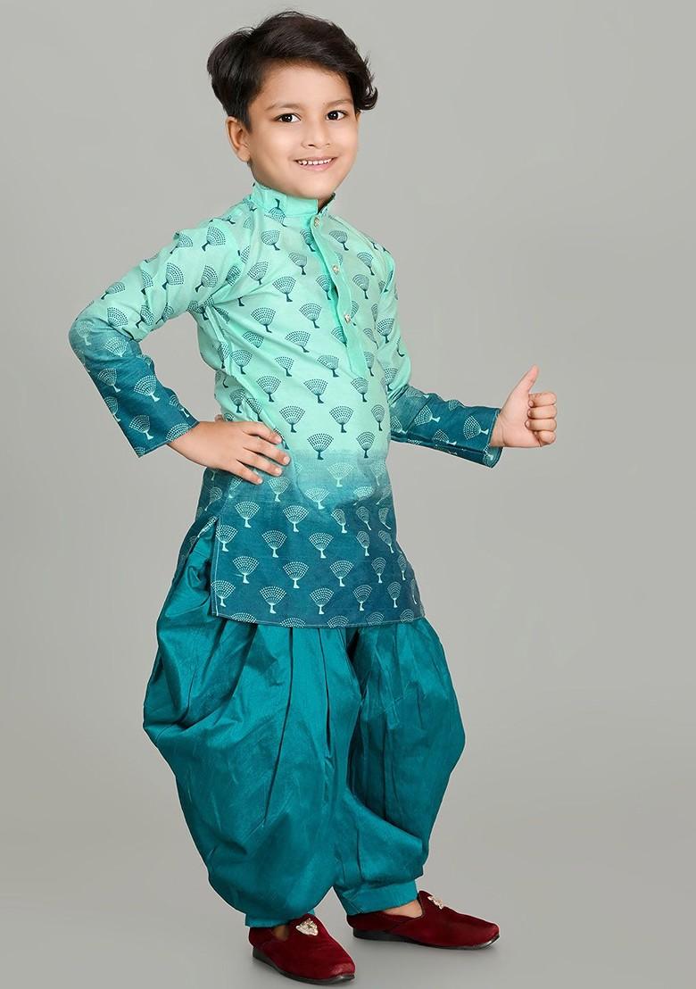 Sea Green Printed Blended Kurta Set For Boys - Indya