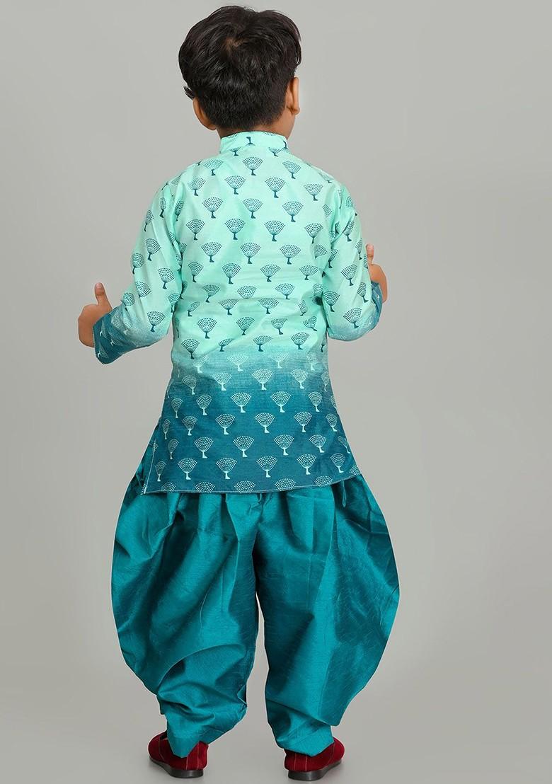 Sea Green Printed Blended Kurta Set For Boys - Indya