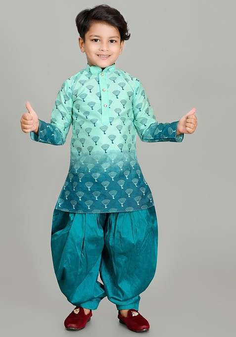 Sea Green Printed Blended Kurta Set For Boys