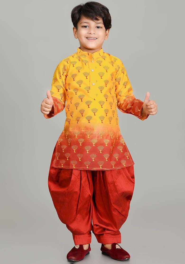 Yellow Printed Silk Kurta Set For Boys - Indya