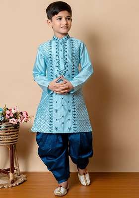 Turquoise Blue Embroidered Blended Kurta Set For Boys