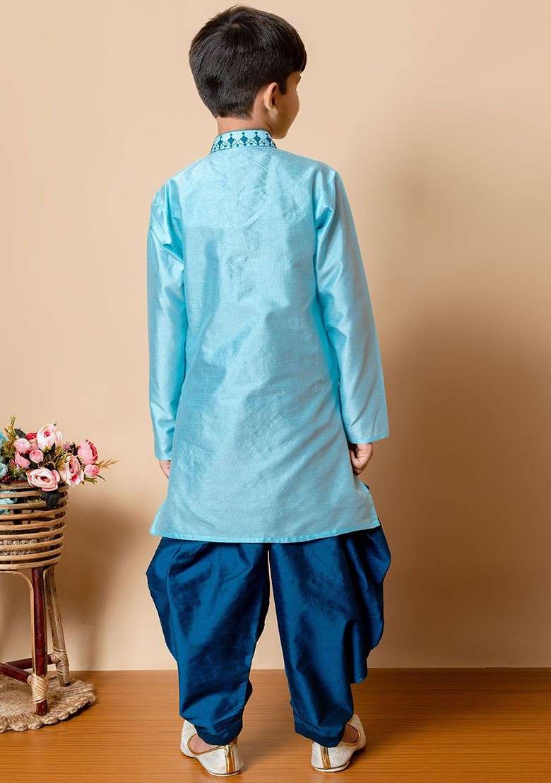 Turquoise Blue Embroidered Blended Kurta Set For Boys - Indya