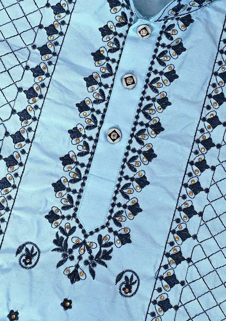 Turquoise Blue Embroidered Blended Kurta Set For Boys - Indya