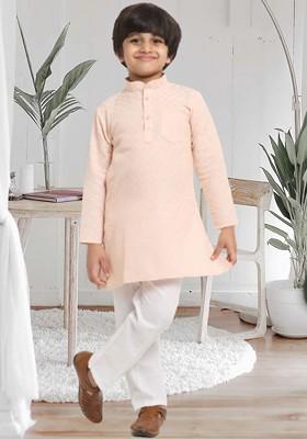 Peach Embroidered Blended Kurta Set For Boys