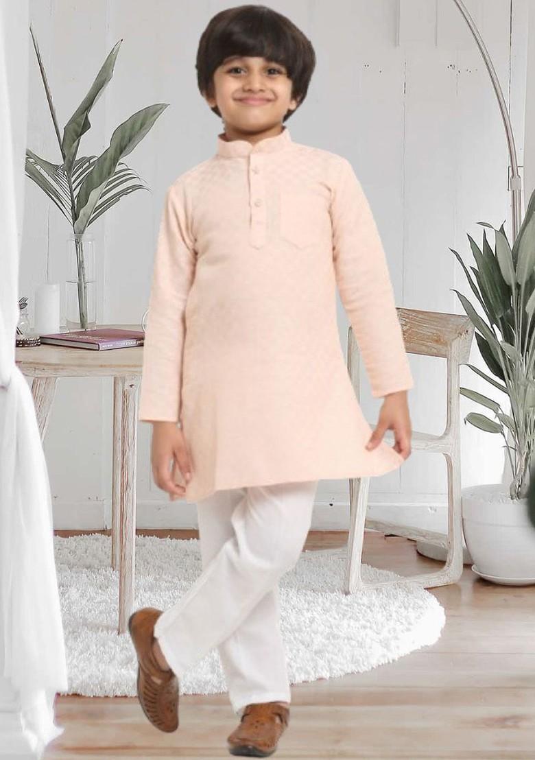 Peach Embroidered Blended Kurta Set For Boys - Indya