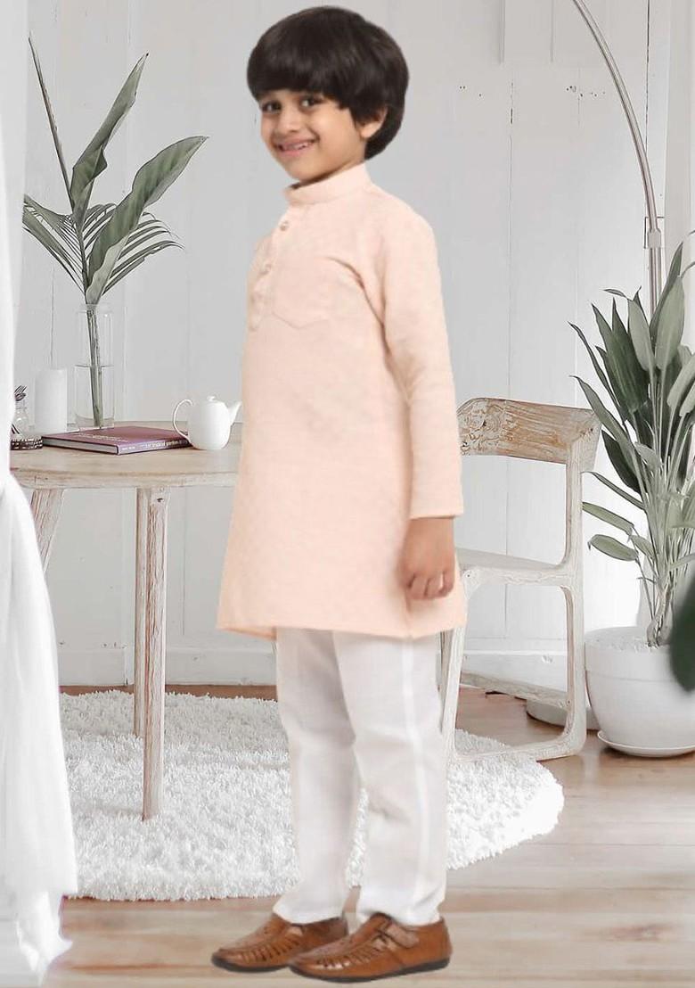 Peach Embroidered Blended Kurta Set For Boys - Indya