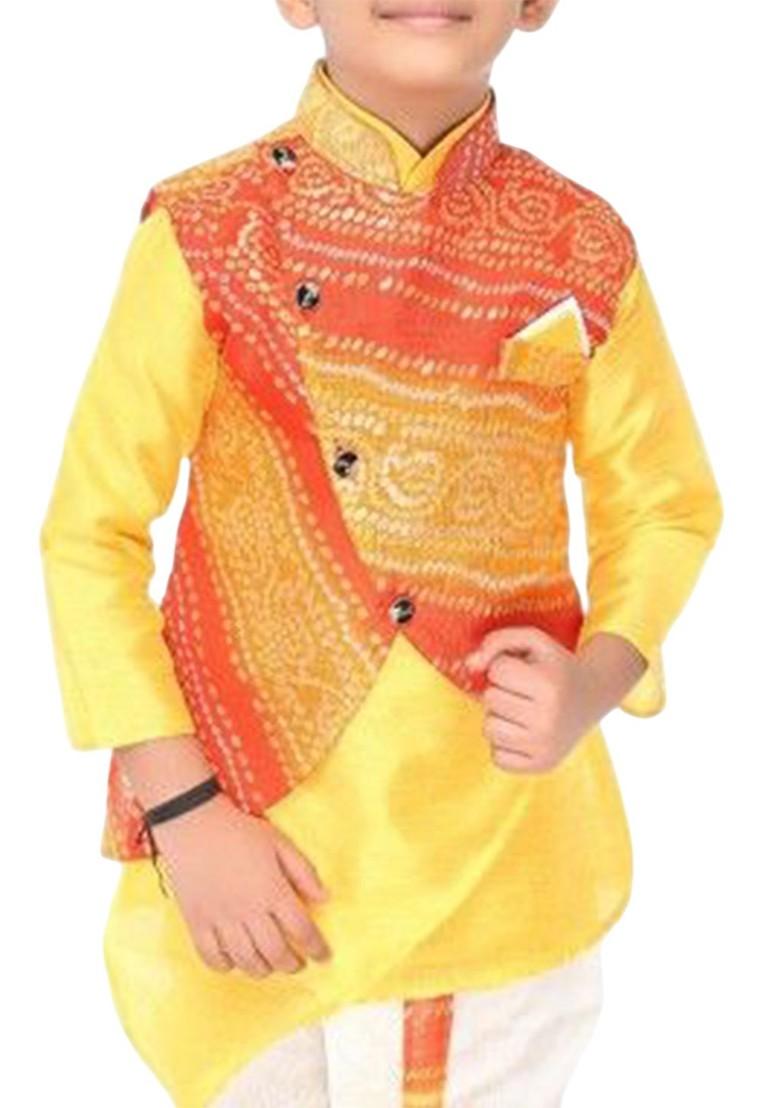 Yellow Printed Blended Kurta Dhoti Set For Boys - Indya