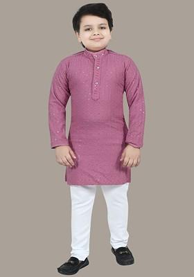 Purple Embroidered Blended Kurta Set For Boys