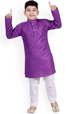 Purple Woven Design Blended Kurta Set For Boys