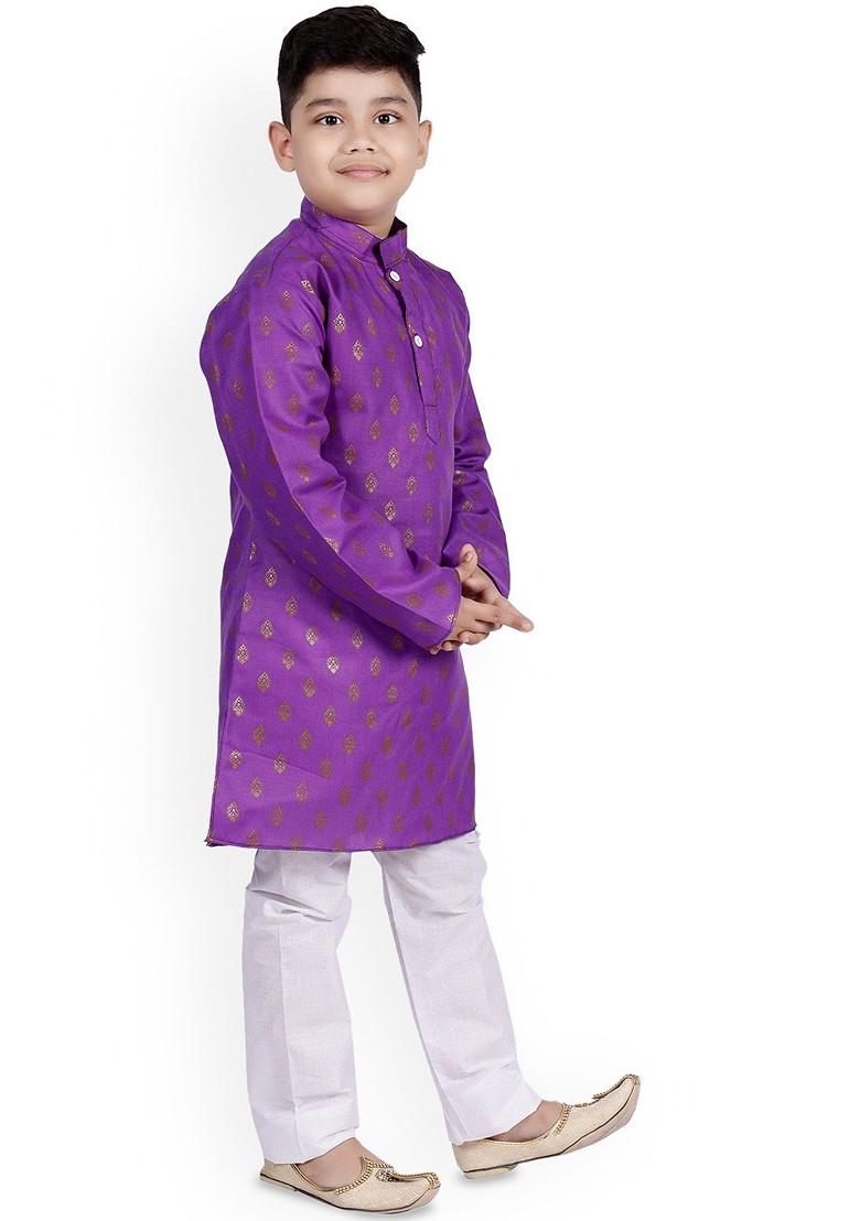 Purple Woven Design Blended Kurta Set For Boys - Indya