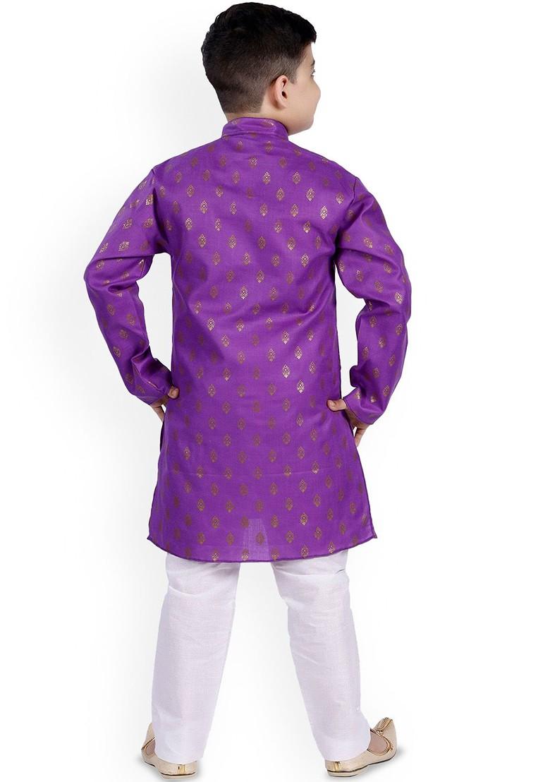 Purple Woven Design Blended Kurta Set For Boys - Indya