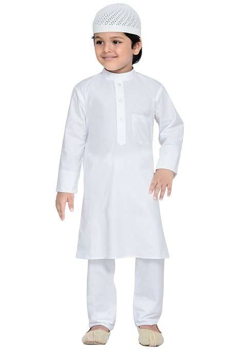 White Solid Blended Kurta Set For Boys