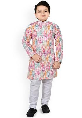 Pink Printed Blended Kurta Set For Boys
