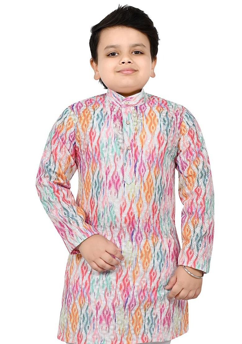 Pink Printed Blended Kurta Set For Boys - Indya