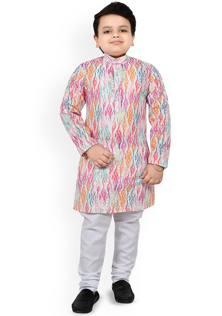 Pink Printed Blended Kurta Set For Boys - Indya