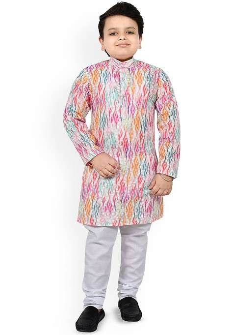 Pink Printed Blended Kurta Set For Boys