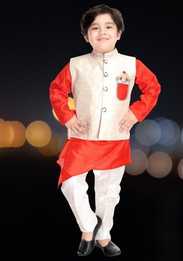 Off White Embroidered Blended Kurta Set For Boys - Indya