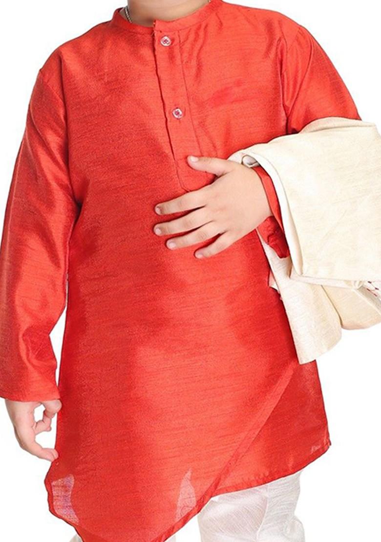 Off White Embroidered Blended Kurta Set For Boys - Indya