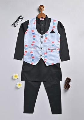 Black Printed Cotton Kurta Set For Boys