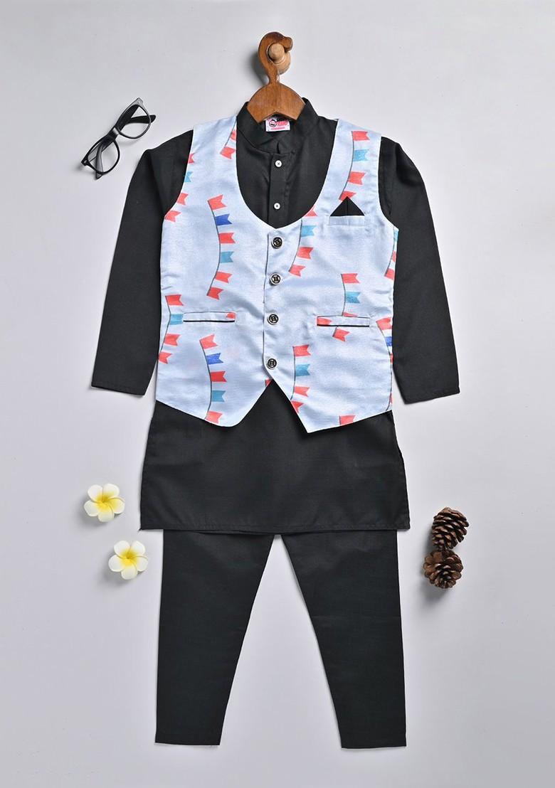 Black Printed Cotton Kurta Set For Boys - Indya