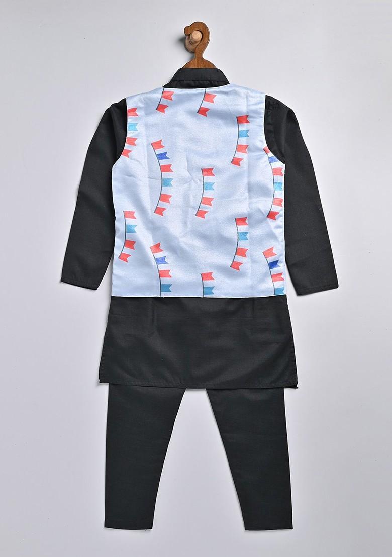 Black Printed Cotton Kurta Set For Boys - Indya