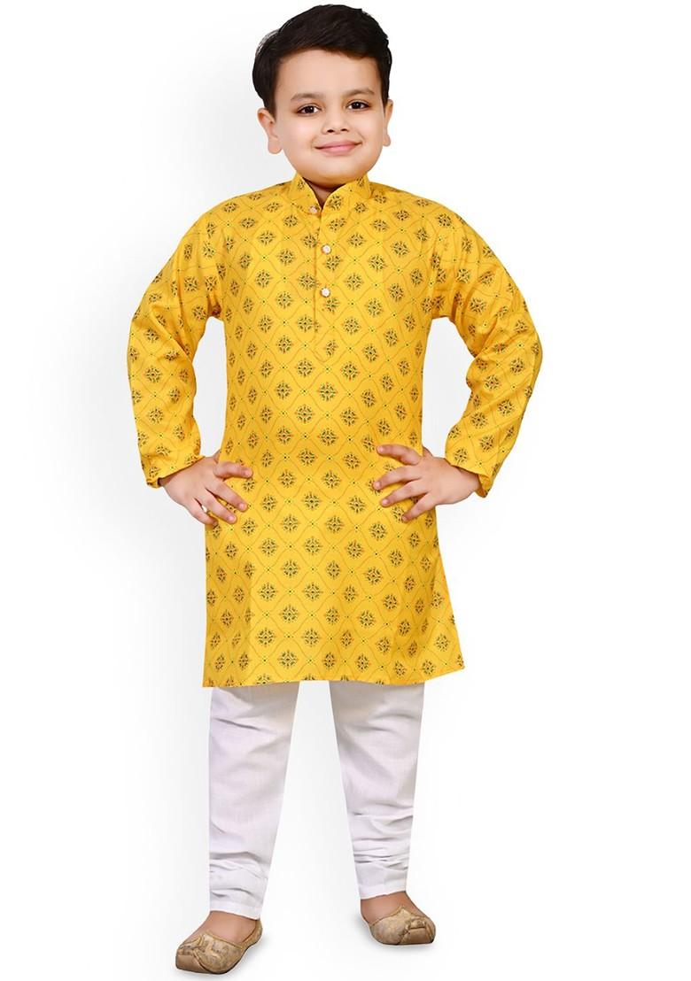 Yellow Printed Blended Kurta Set For Boys - Indya