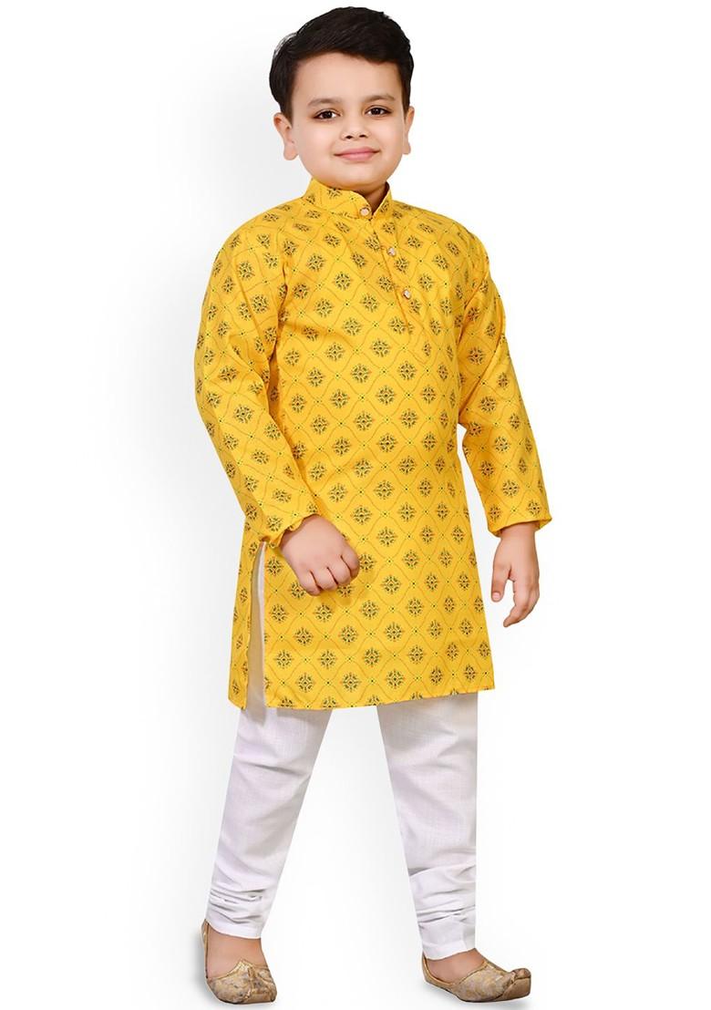 Yellow Printed Blended Kurta Set For Boys - Indya