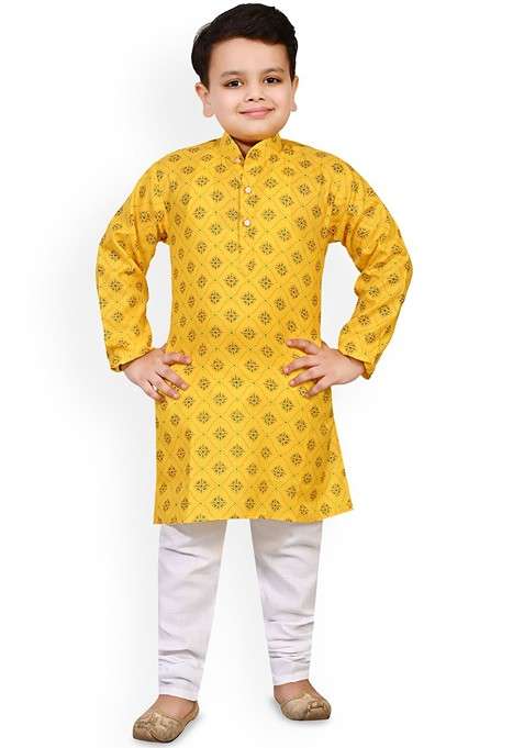Yellow Printed Blended Kurta Set For Boys