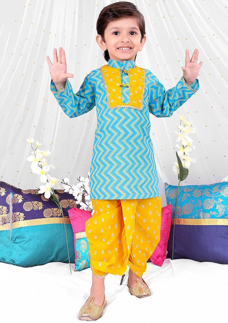 Yellow Printed Cotton Kurta Dhoti Set For Boys - Indya