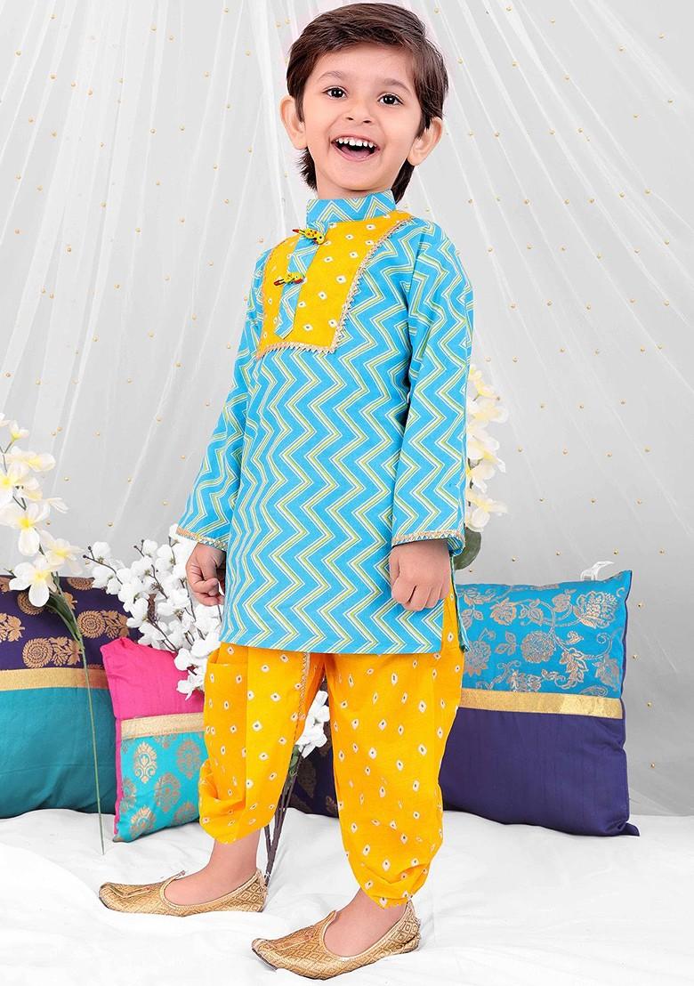 Yellow Printed Cotton Kurta Dhoti Set For Boys - Indya